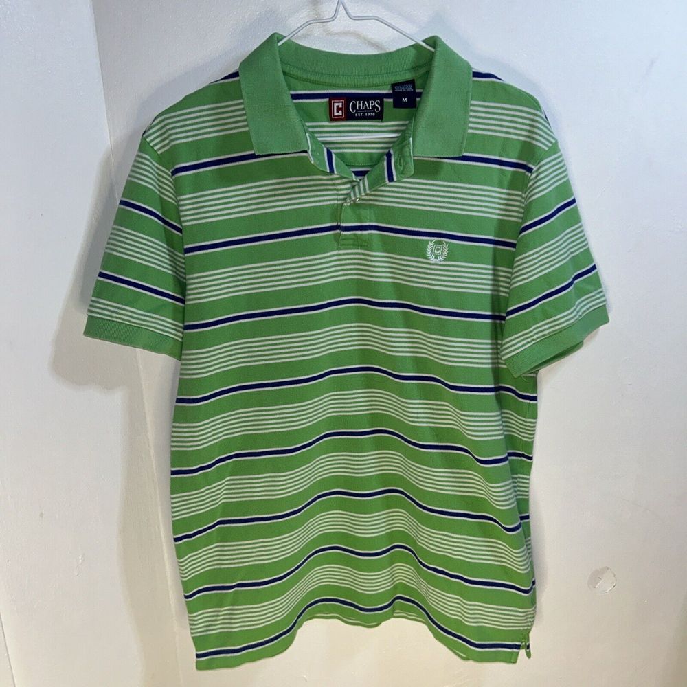 Chaps Polo Shirt Mens Medium Green Blue Striped Logo Short Sleeve